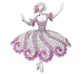 芭蕾舞伶胸针，白K金镶嵌美钻及粉红色蓝宝石