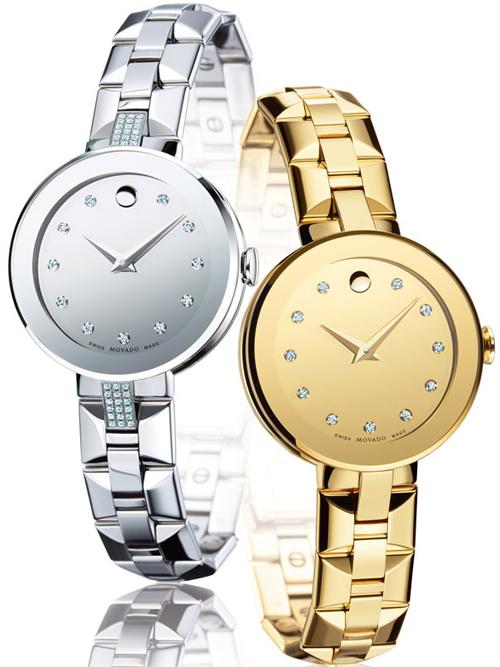 全新蓝宝石系列女士腕表分为两款：左为不锈钢款式，右为18K镀金不锈钢款式